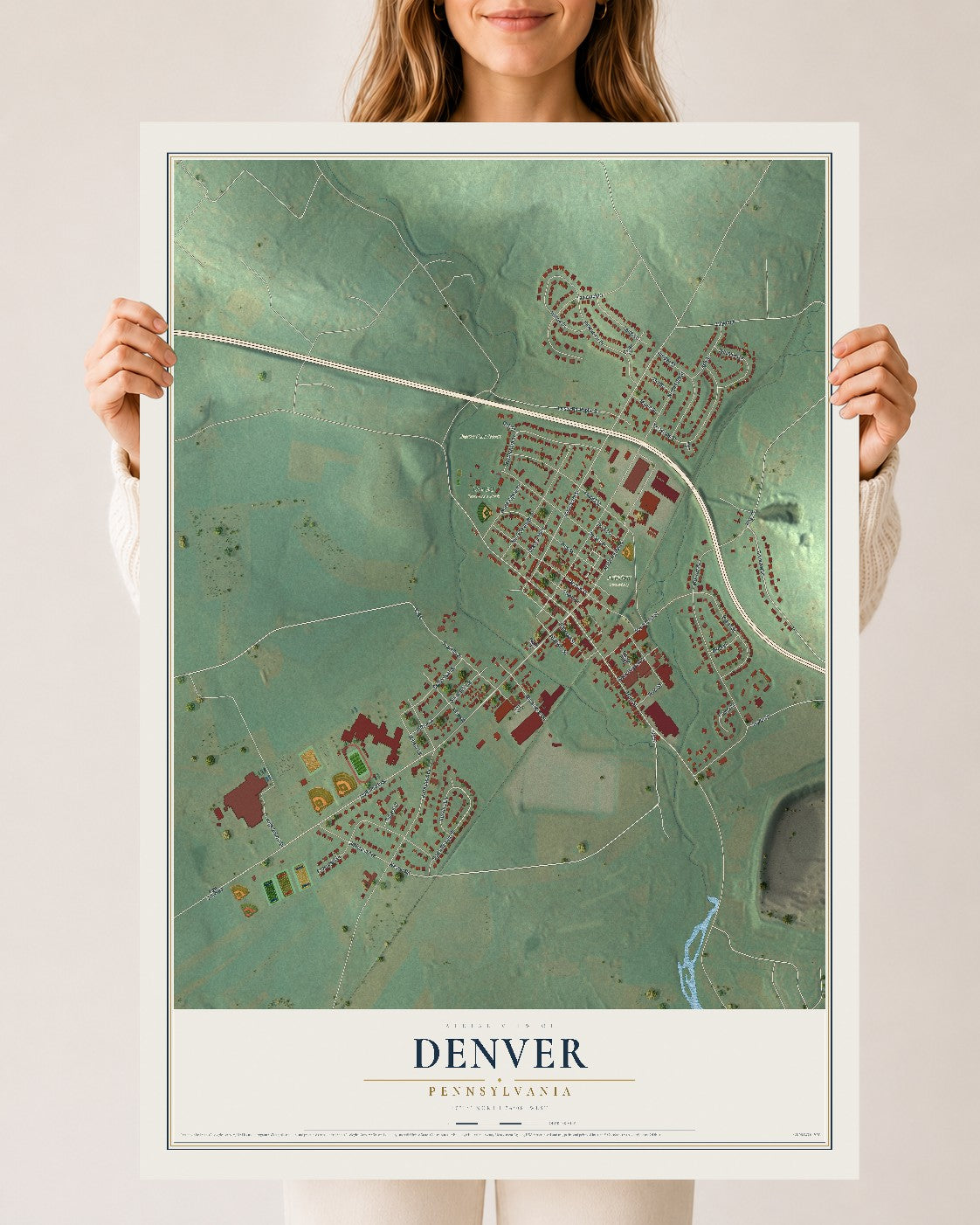 Map of Denver, Pennsylvania, 24 x 36 inch unframed archival matte print