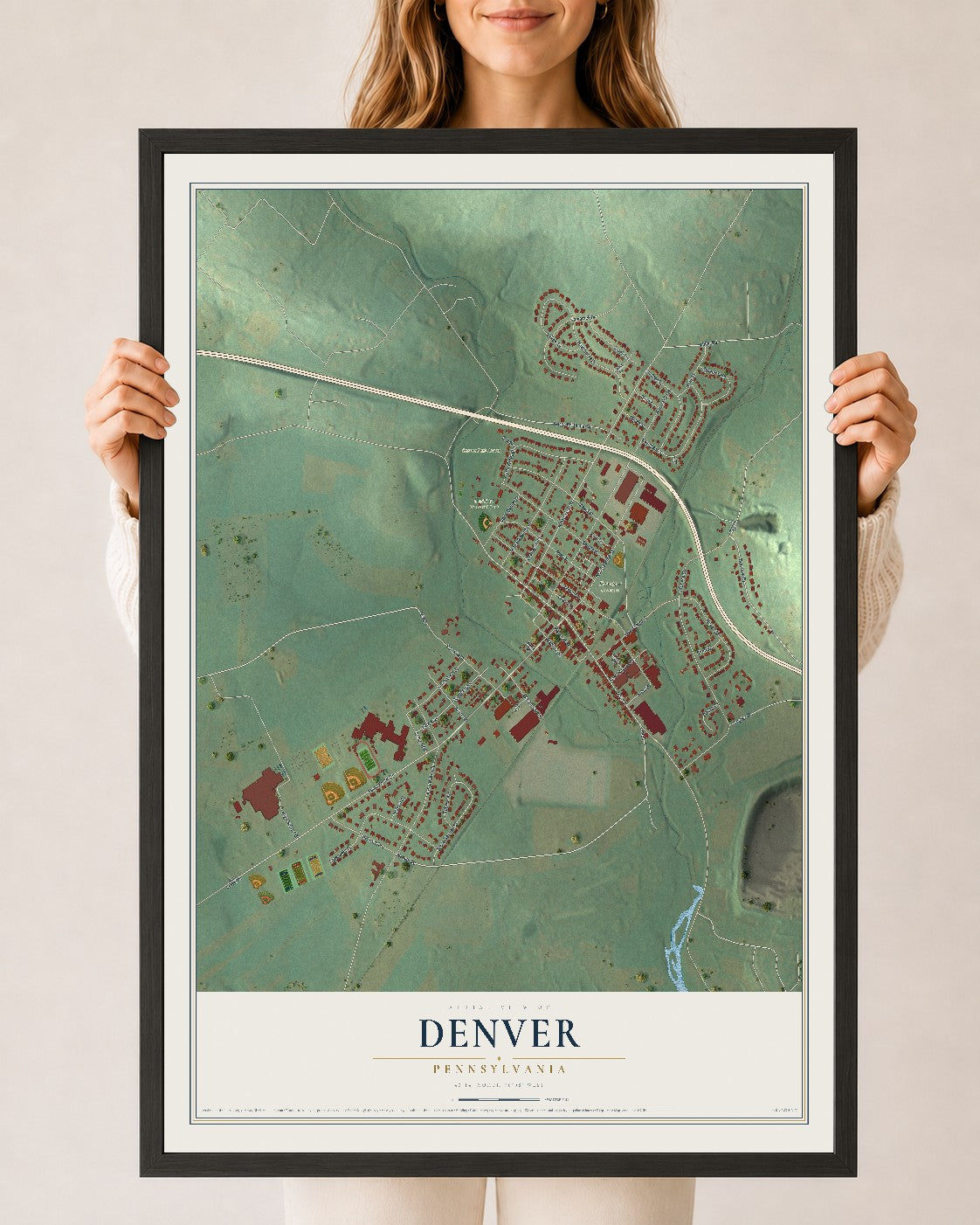 Map of Denver, Pennsylvania, 24 x 36 inch print in a black wood frame