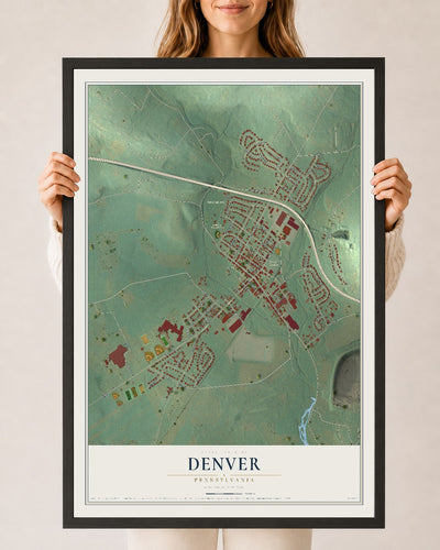 Map of Denver, Pennsylvania, 24 x 36 inch print in a black wood frame