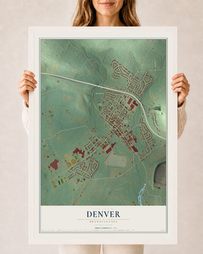 Map of Denver, Pennsylvania, 24 x 36 inch print in a white wood frame