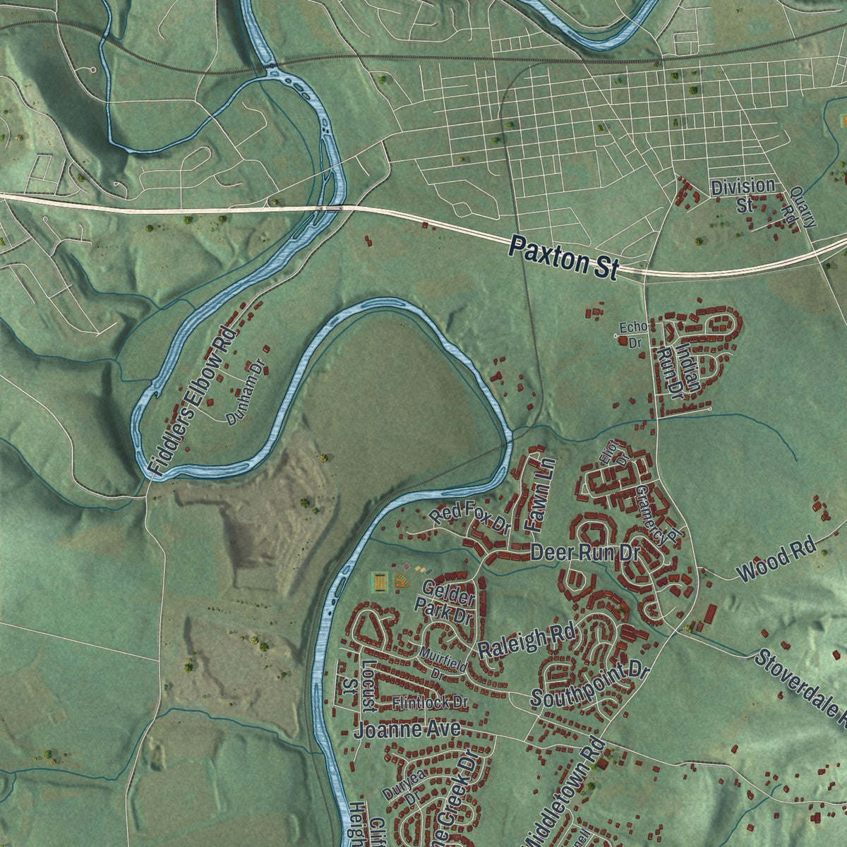 Second close-up of the map of Derry, Dauphin County, Pennsylvania print showing more streets and buildings