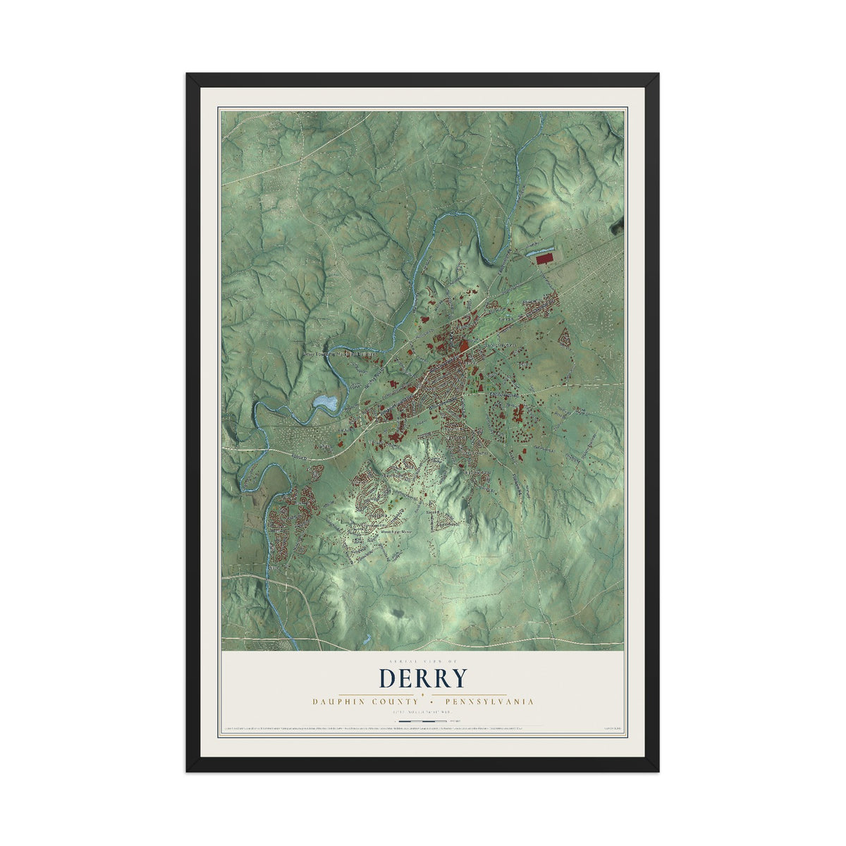 Map of Derry, Dauphin County, Pennsylvania, 12 x 18 inch print in a black wood frame