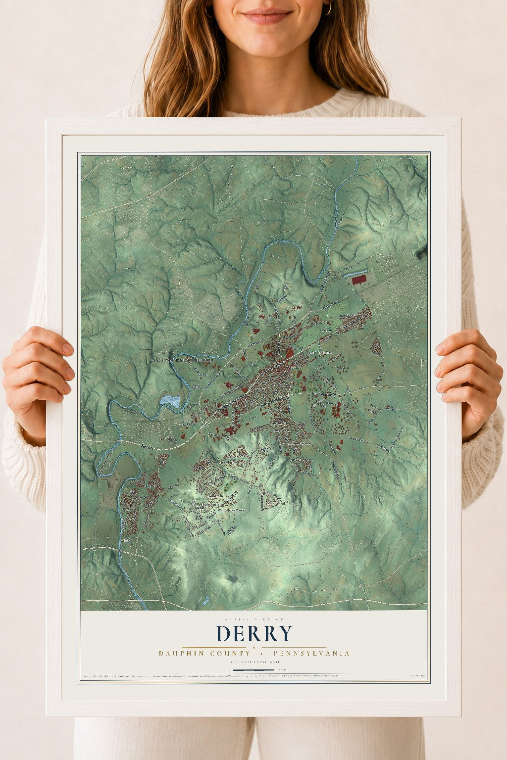 Map of Derry, Dauphin County, Pennsylvania, 18 x 24 inch print in a white wood frame