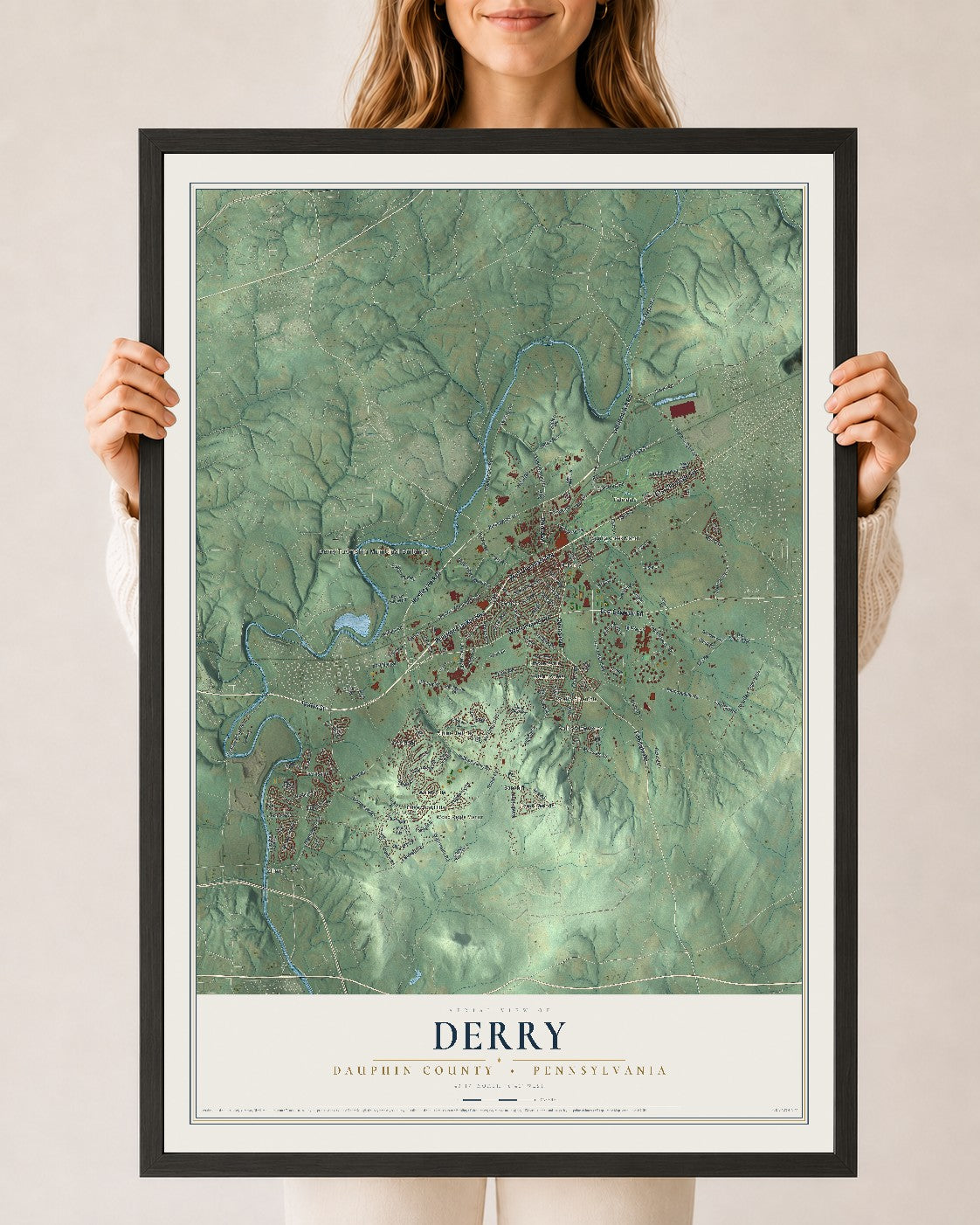 Map of Derry, Dauphin County, Pennsylvania, 24 x 36 inch print in a black wood frame