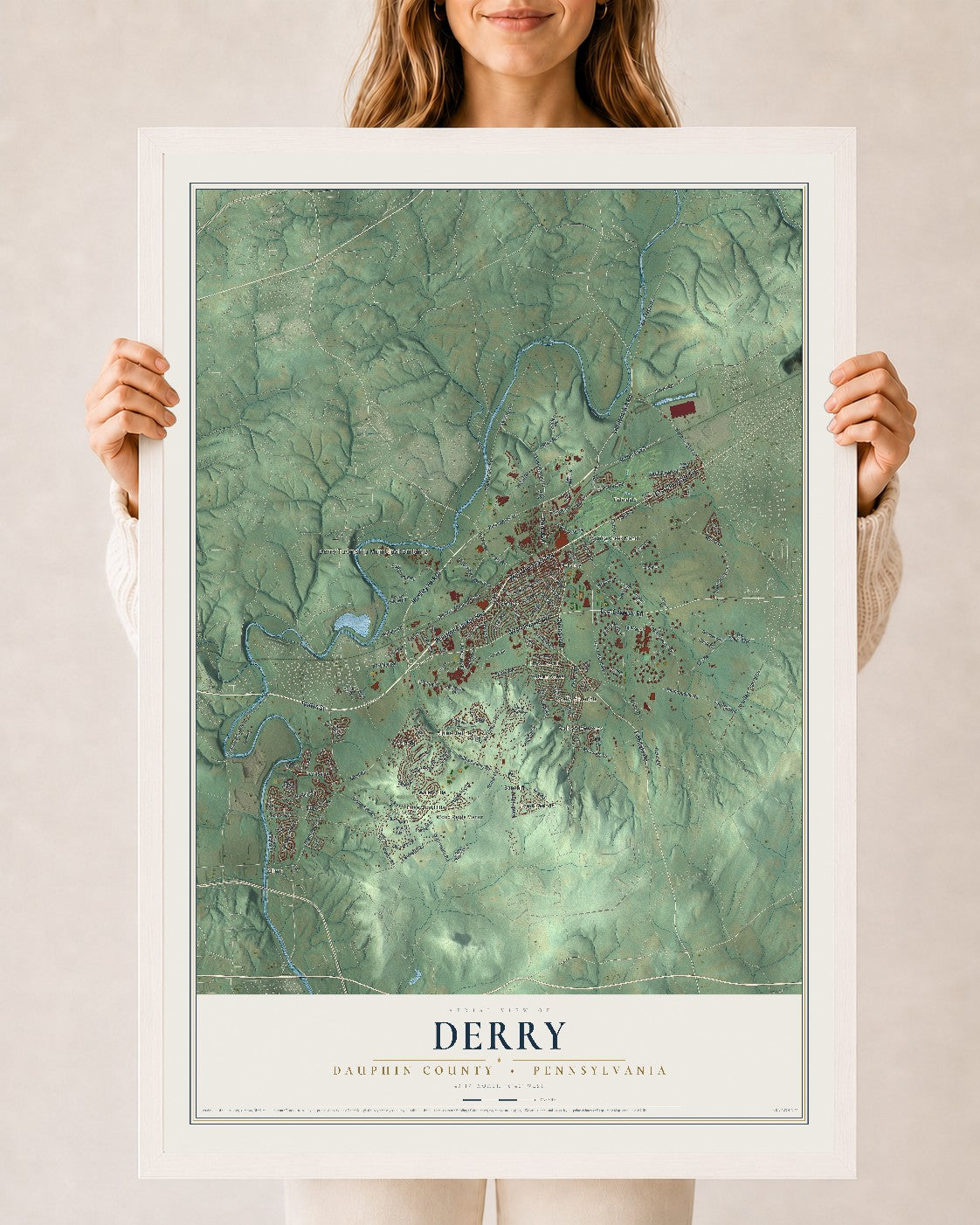 Map of Derry, Dauphin County, Pennsylvania, 24 x 36 inch print in a white wood frame