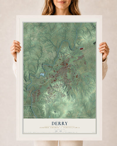 Map of Derry, Dauphin County, Pennsylvania, 24 x 36 inch print in a white wood frame