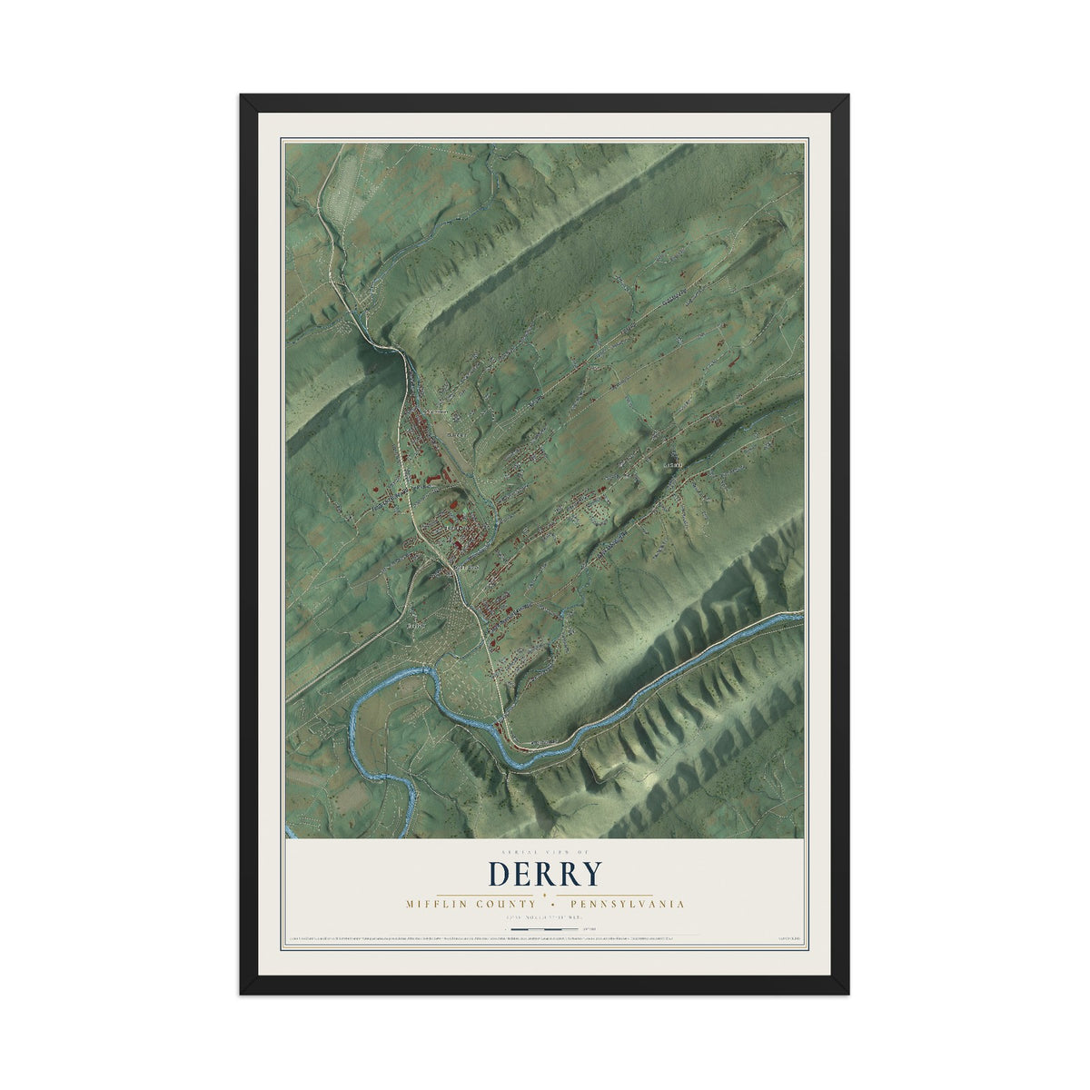 Map of Derry, Mifflin County, Pennsylvania, 12 x 18 inch print in a black wood frame