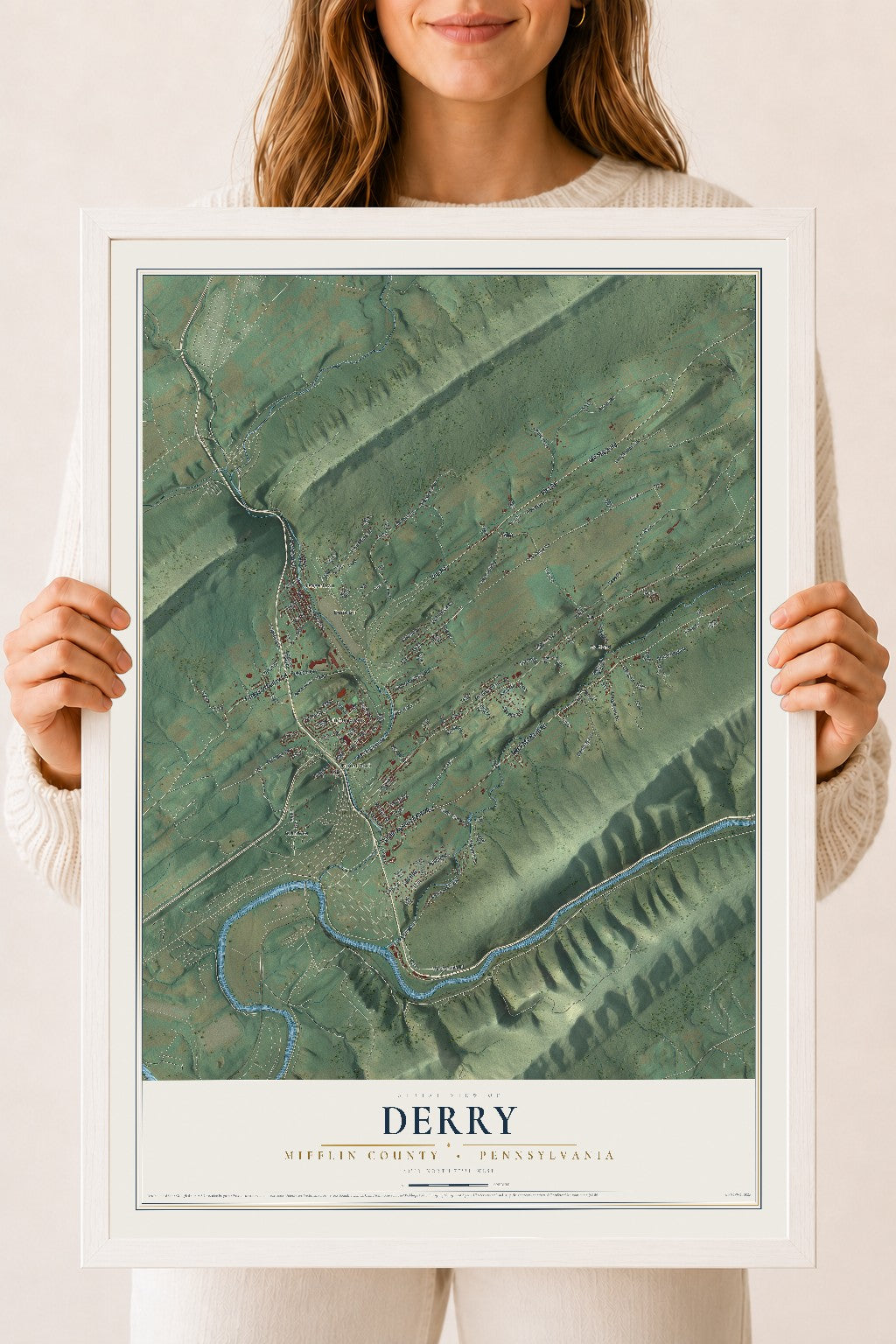 Map of Derry, Mifflin County, Pennsylvania, 18 x 24 inch print in a white wood frame