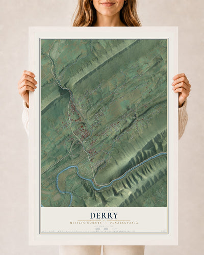Map of Derry, Mifflin County, Pennsylvania, 24 x 36 inch print in a white wood frame