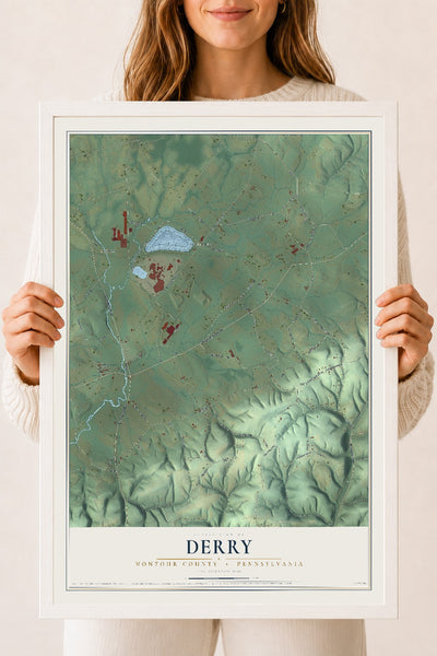 Map of Derry, Montour County, Pennsylvania, 18 x 24 inch print in a white wood frame
