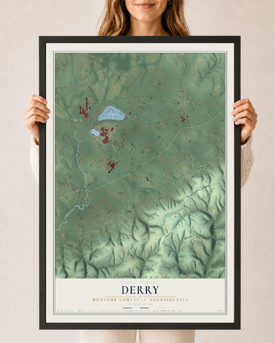 Map of Derry, Montour County, Pennsylvania, 24 x 36 inch print in a black wood frame