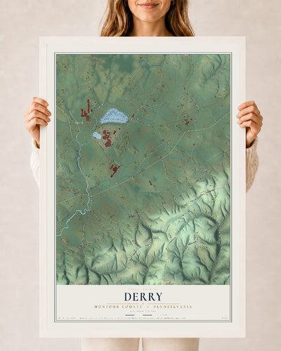 Map of Derry, Montour County, Pennsylvania, 24 x 36 inch print in a white wood frame
