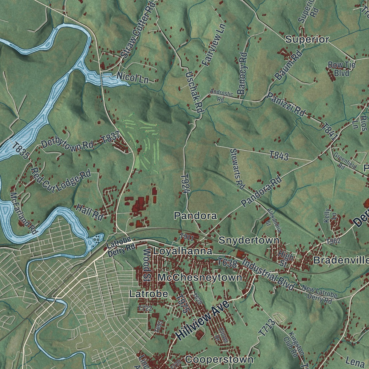 Close-up of the map of Derry, Westmoreland County, Pennsylvania print showing street and building detail