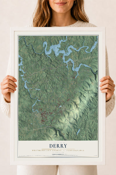 Map of Derry, Westmoreland County, Pennsylvania, 18 x 24 inch print in a white wood frame