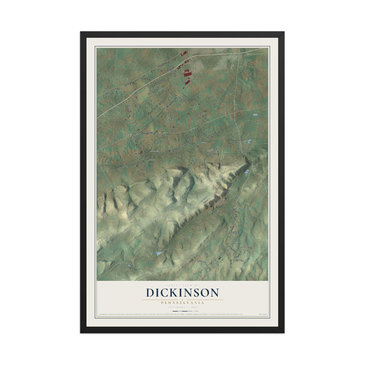 Map of Dickinson, Pennsylvania, 12 x 18 inch print in a black wood frame