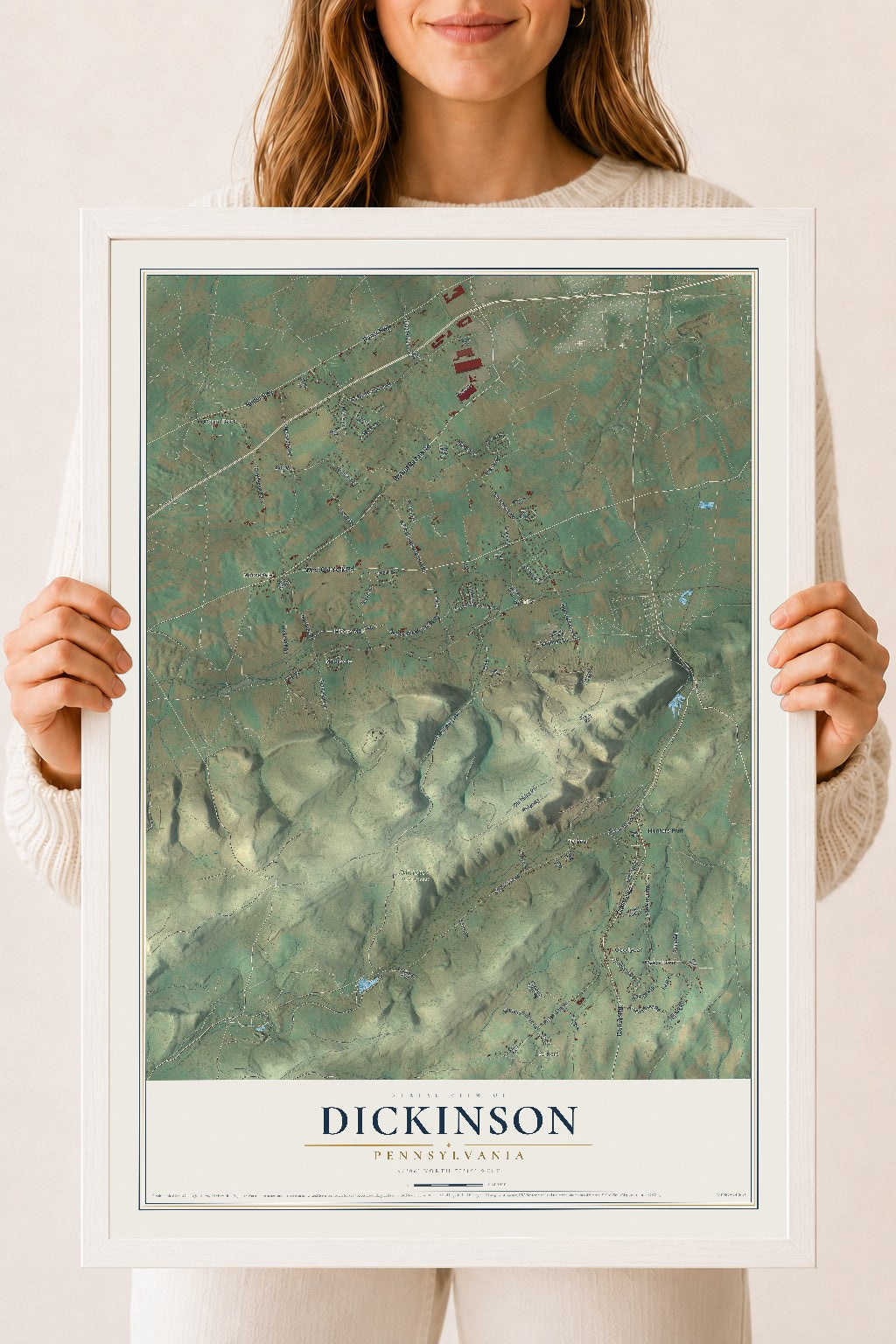 Map of Dickinson, Pennsylvania, 18 x 24 inch print in a white wood frame