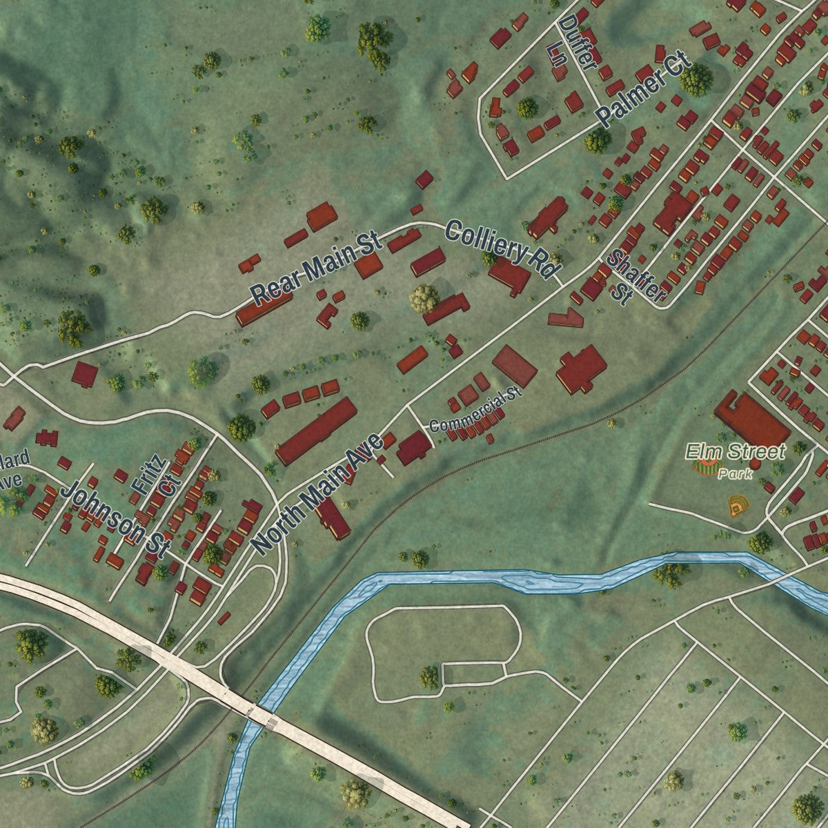 Second close-up of the map of Dickson City, Pennsylvania print showing more streets and buildings