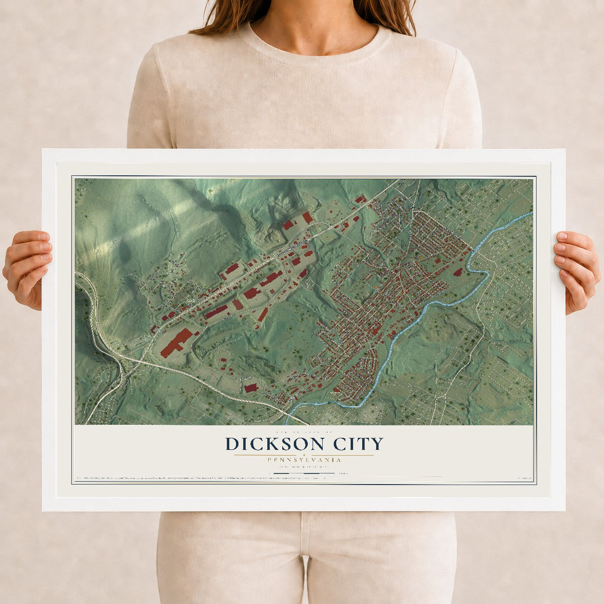 Map of Dickson City, Pennsylvania, 12 x 18 inch print in a white wood frame