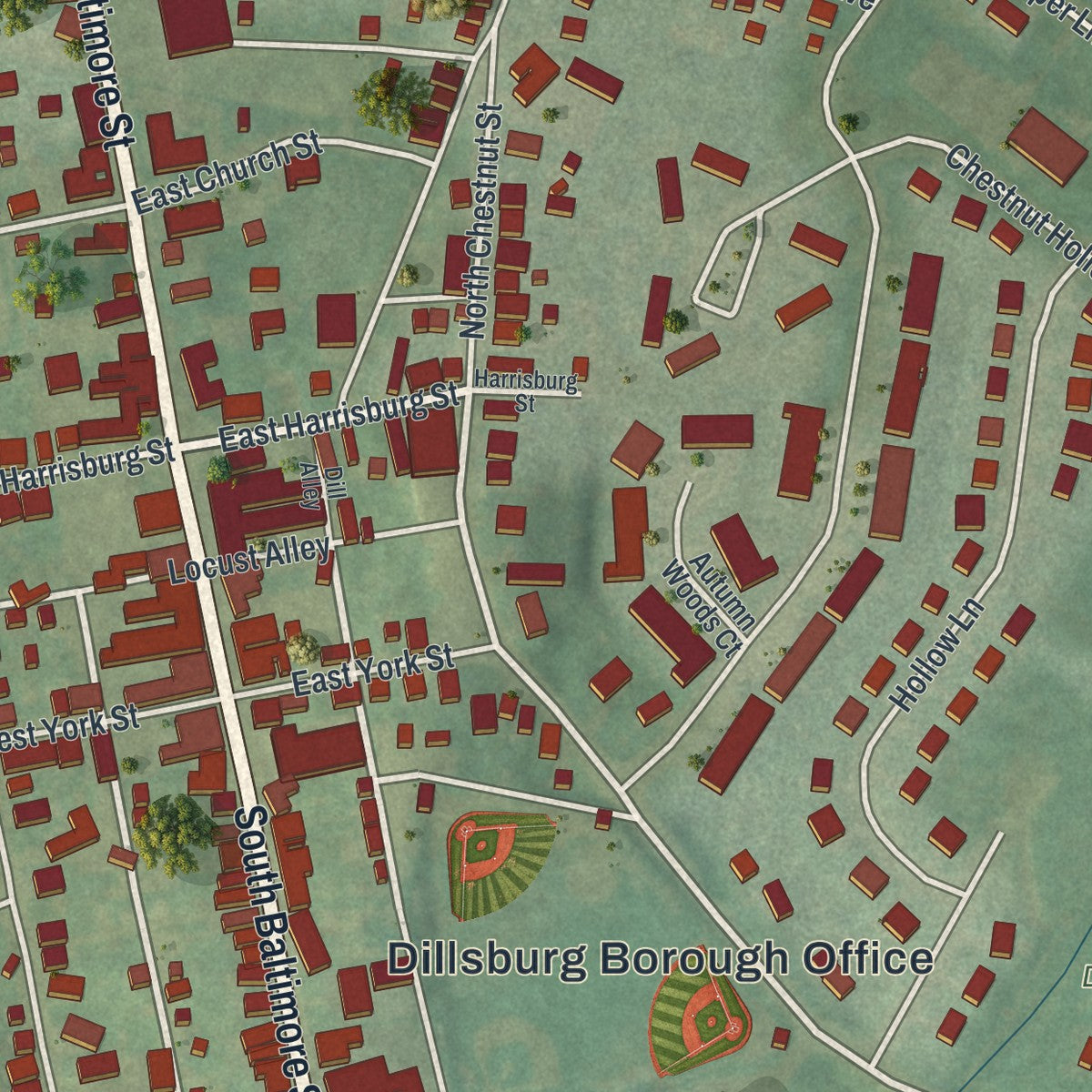 Close-up of the map of Dillsburg, Pennsylvania print showing street and building detail