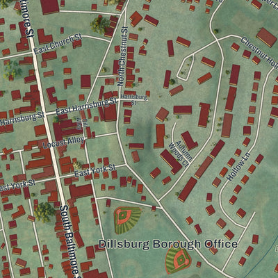 Close-up of the map of Dillsburg, Pennsylvania print showing street and building detail