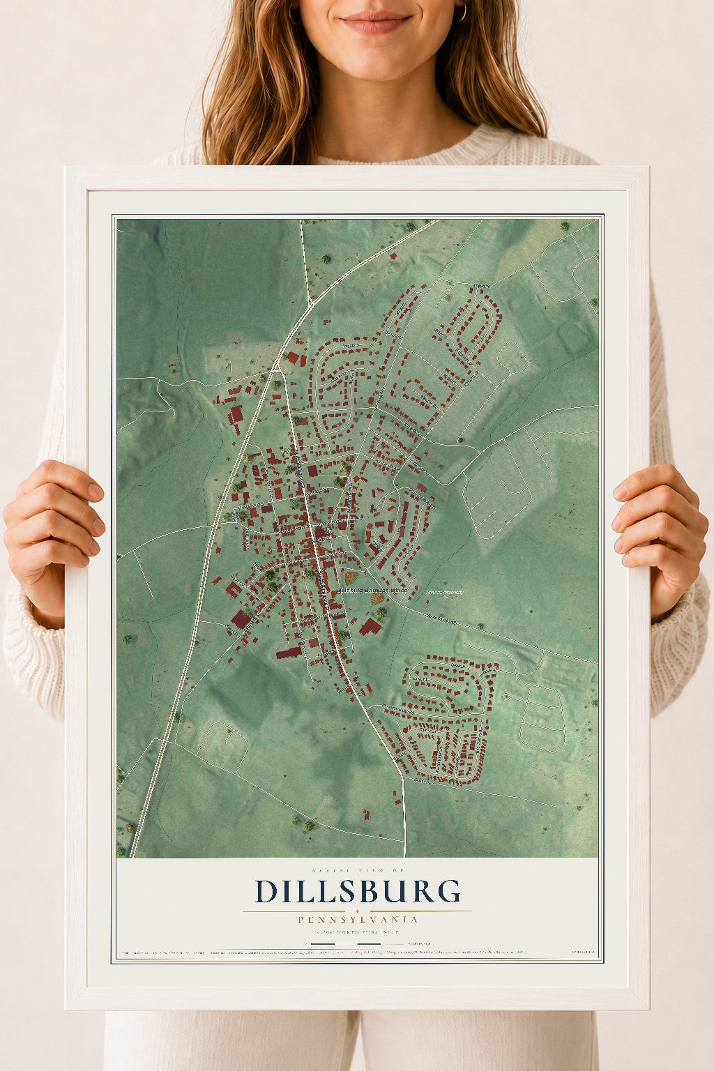 Map of Dillsburg, Pennsylvania, 18 x 24 inch print in a white wood frame