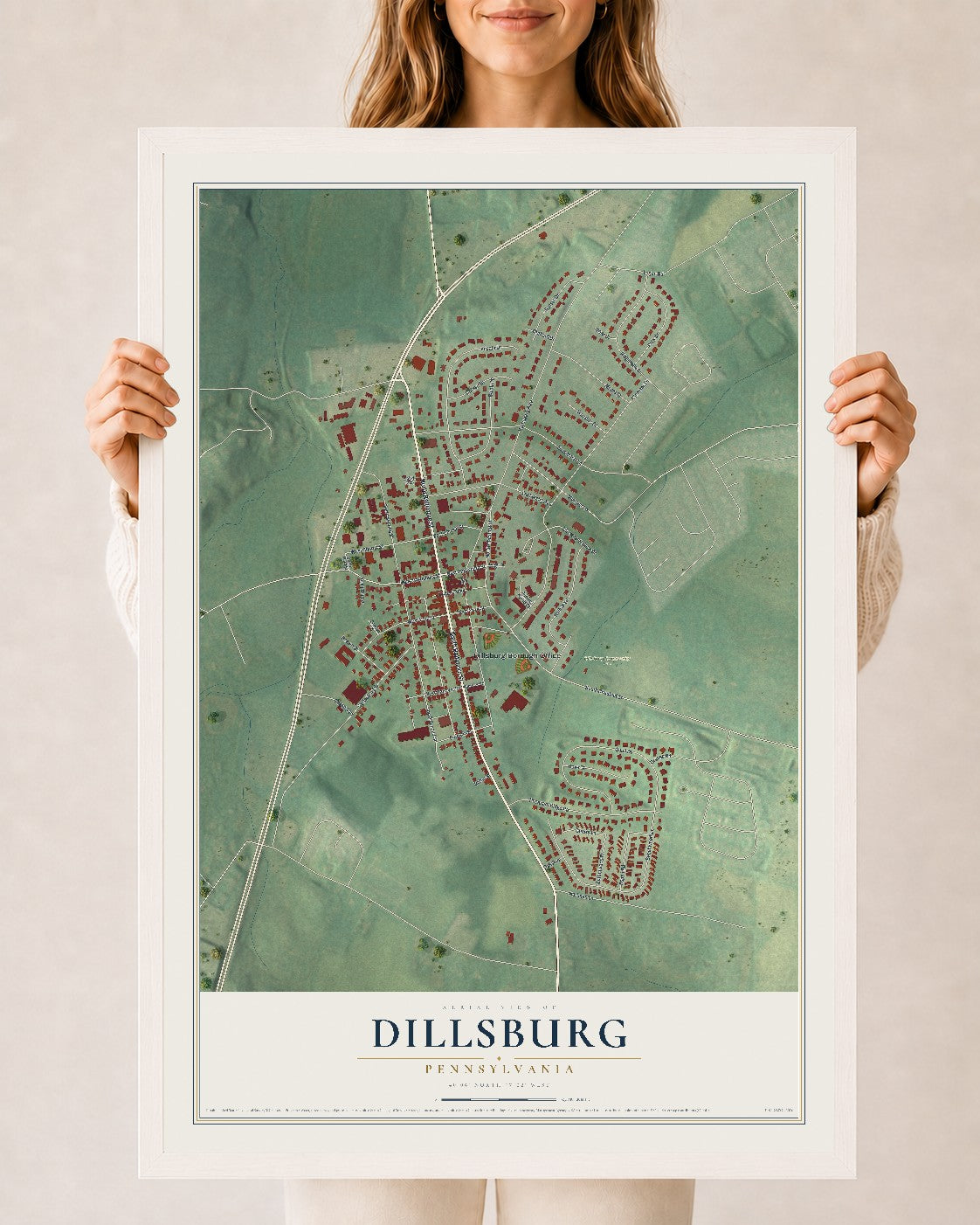 Map of Dillsburg, Pennsylvania, 24 x 36 inch print in a white wood frame