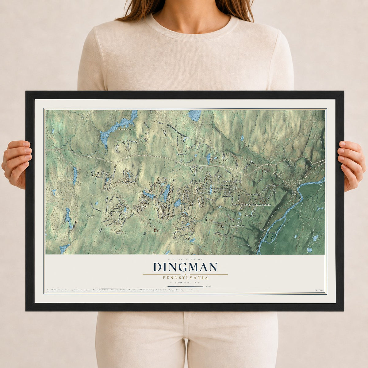 Map of Dingman, Pennsylvania, 12 x 18 inch print in a black wood frame