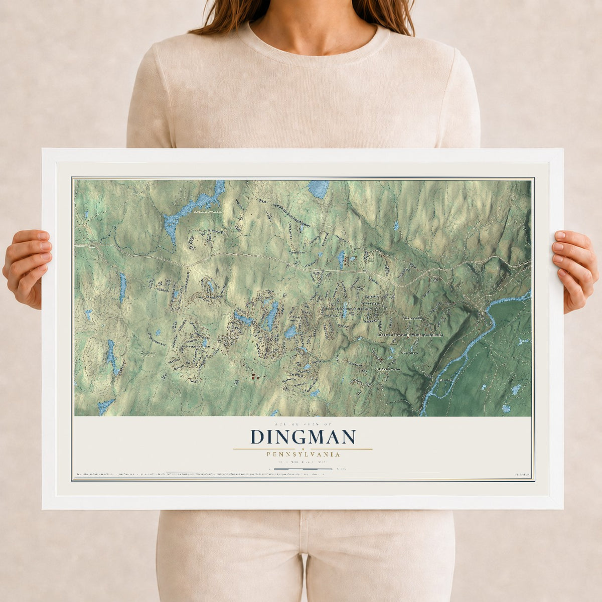 Map of Dingman, Pennsylvania, 12 x 18 inch print in a white wood frame