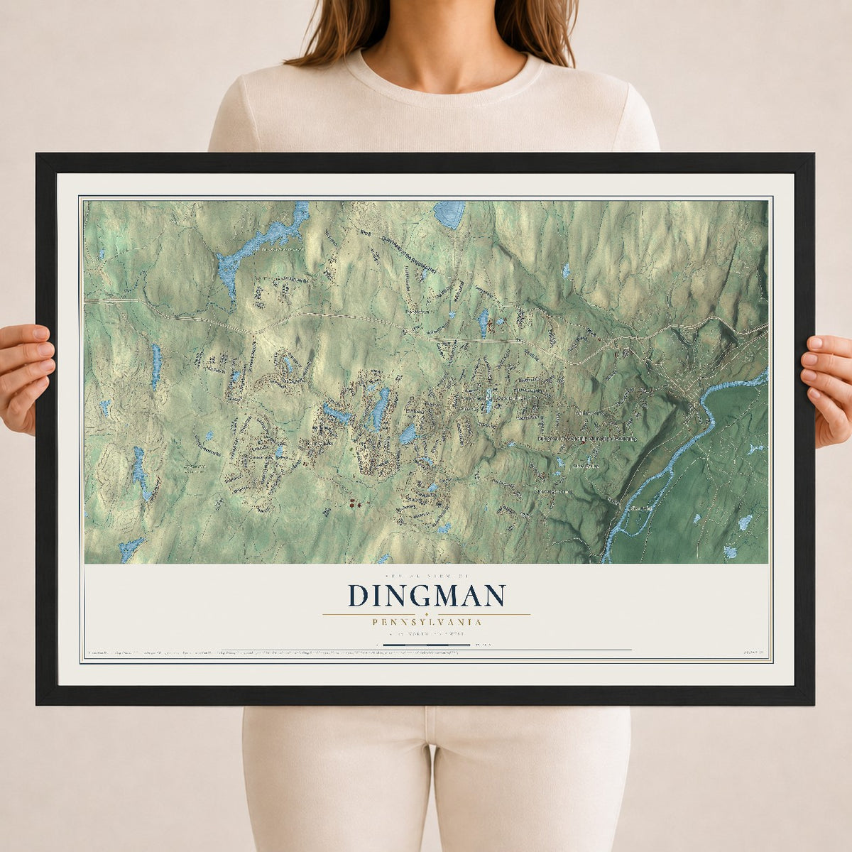 Map of Dingman, Pennsylvania, 18 x 24 inch print in a black wood frame