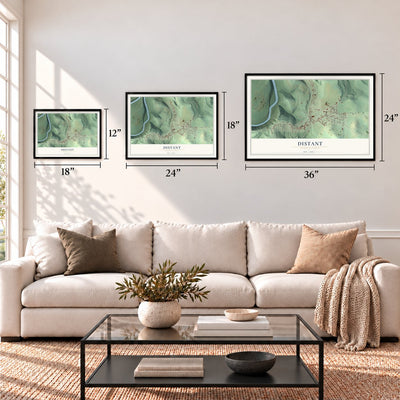 Distant, Pennsylvania map in 12 x 18, 18 x 24 and 24 x 36 inch sizes above a sofa