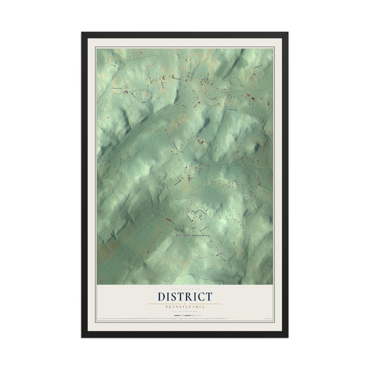 Map of District, Pennsylvania, 12 x 18 inch print in a black wood frame