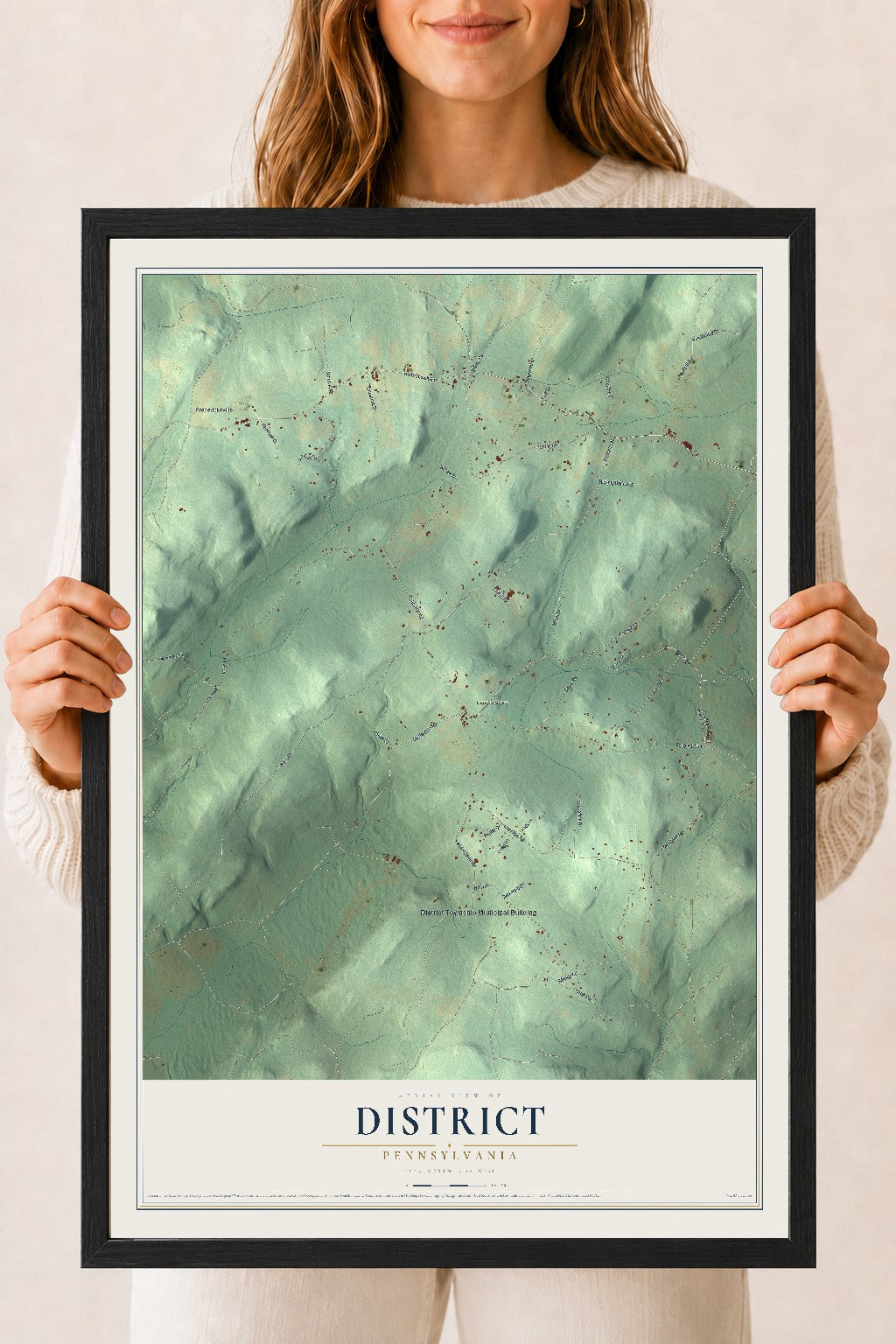 Map of District, Pennsylvania, 18 x 24 inch print in a black wood frame