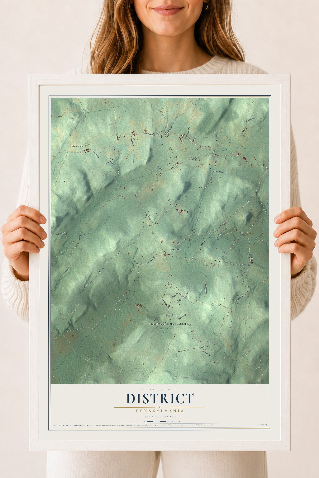 Map of District, Pennsylvania, 18 x 24 inch print in a white wood frame