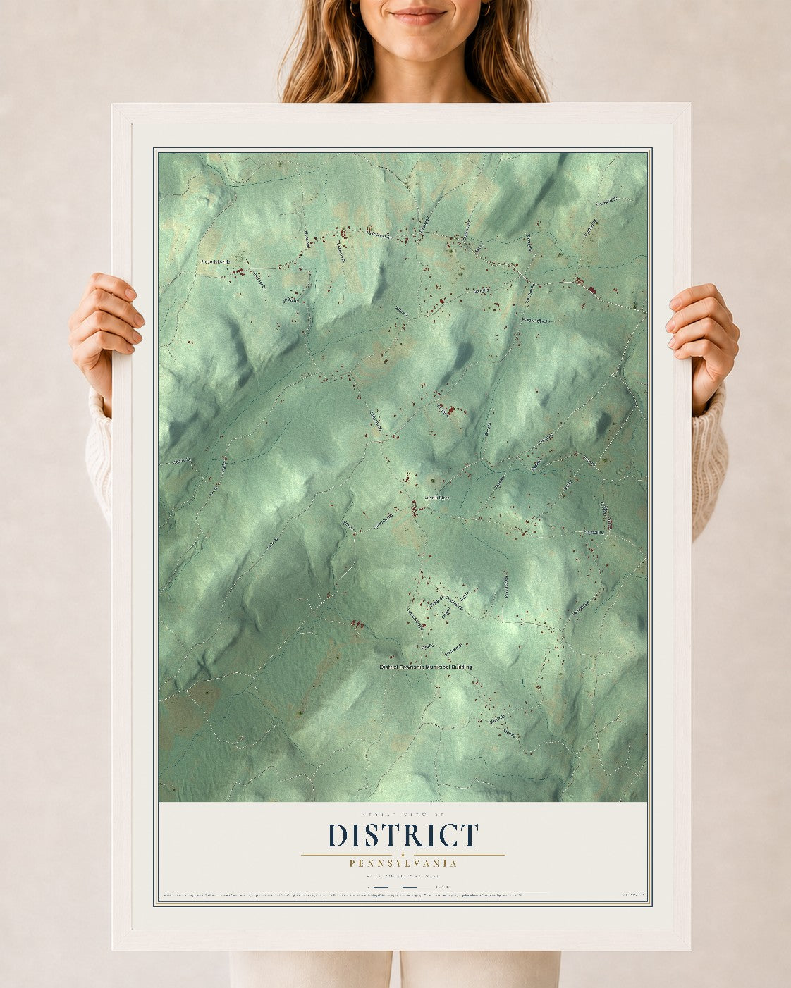 Map of District, Pennsylvania, 24 x 36 inch print in a white wood frame