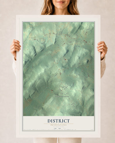 Map of District, Pennsylvania, 24 x 36 inch print in a white wood frame