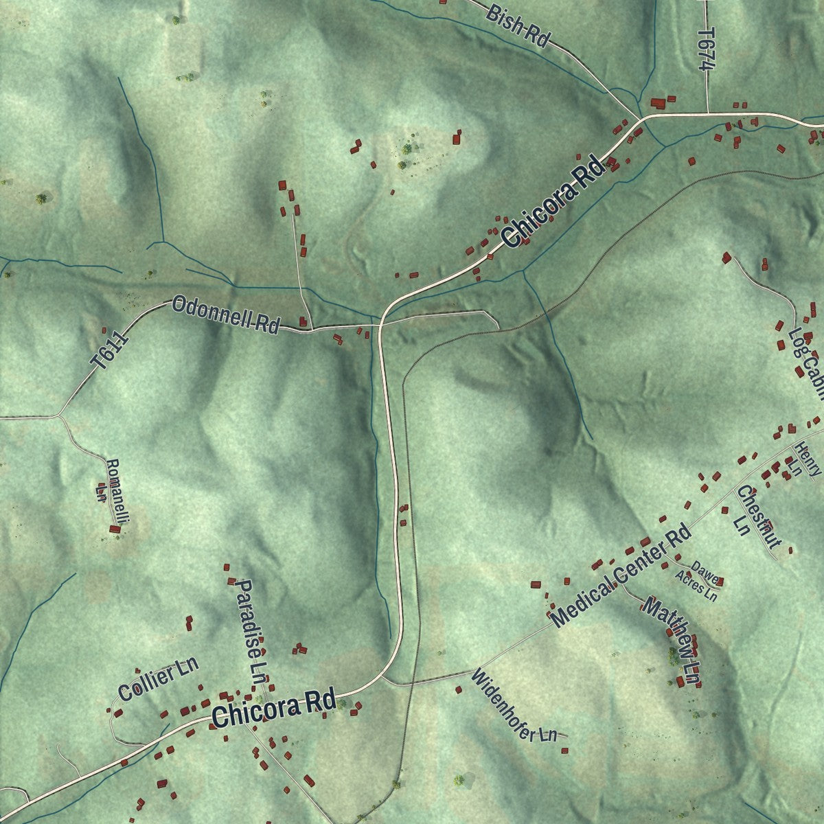 Close-up of the map of Donegal, Butler County, Pennsylvania print showing street and building detail