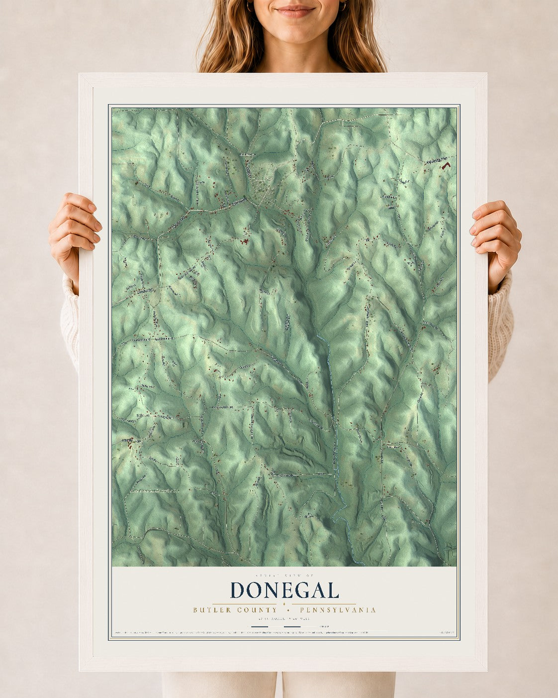 Map of Donegal, Butler County, Pennsylvania, 24 x 36 inch print in a white wood frame
