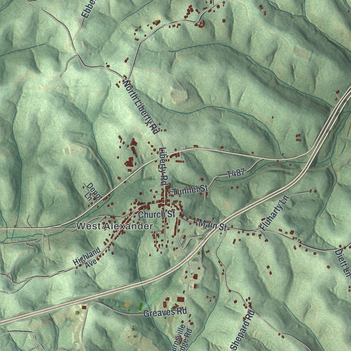 Close-up of the map of Donegal, Washington County, Pennsylvania print showing street and building detail