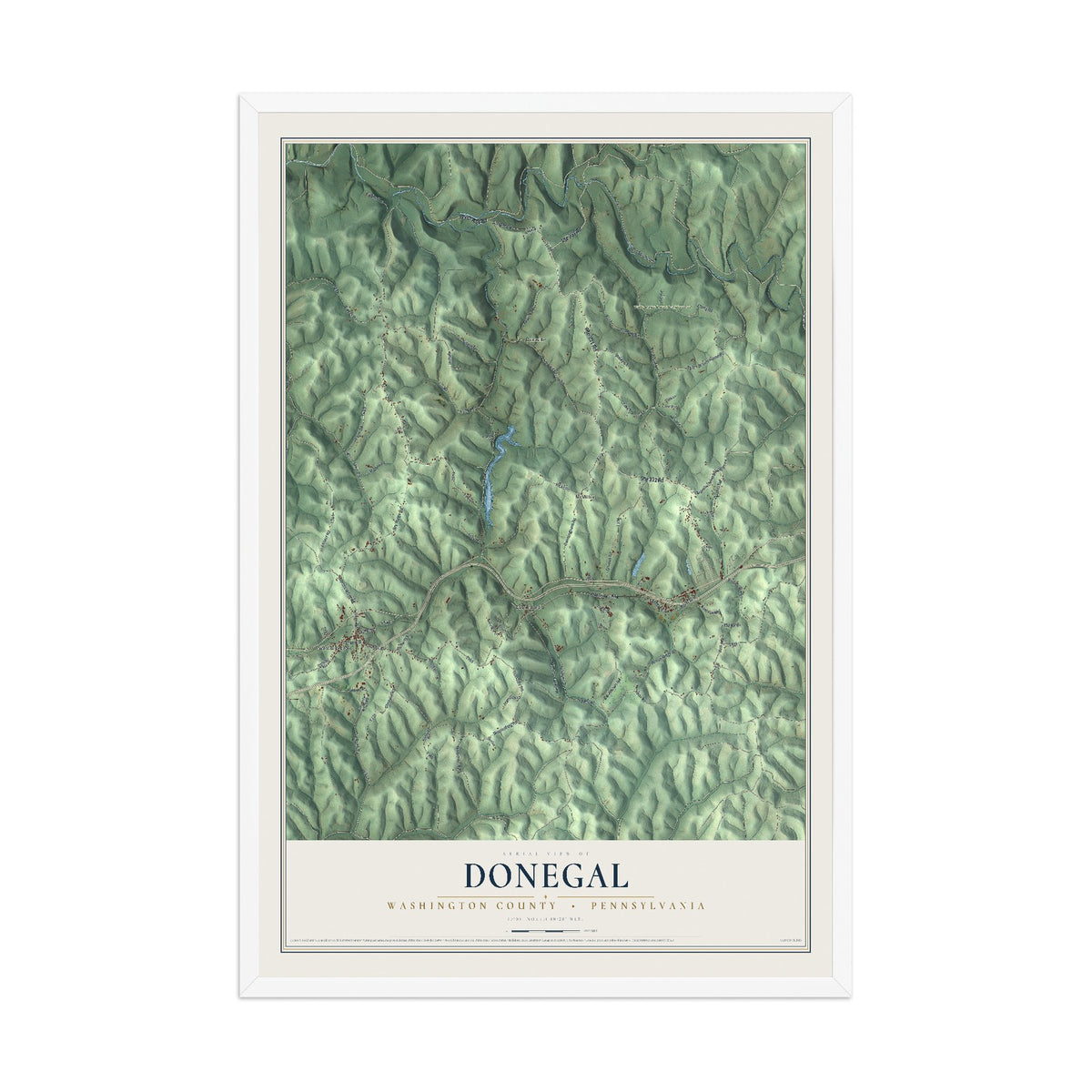 Map of Donegal, Washington County, Pennsylvania, 12 x 18 inch print in a white wood frame