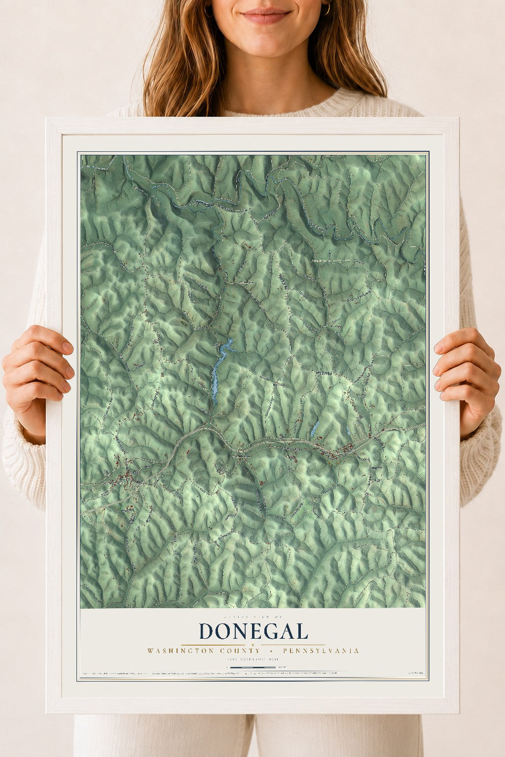 Map of Donegal, Washington County, Pennsylvania, 18 x 24 inch print in a white wood frame
