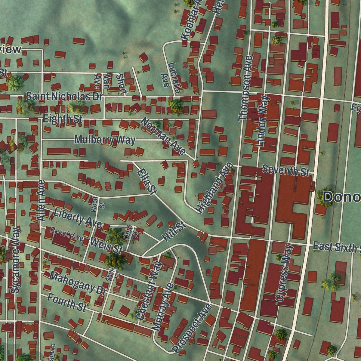 Close-up of the map of Donora, Pennsylvania print showing street and building detail