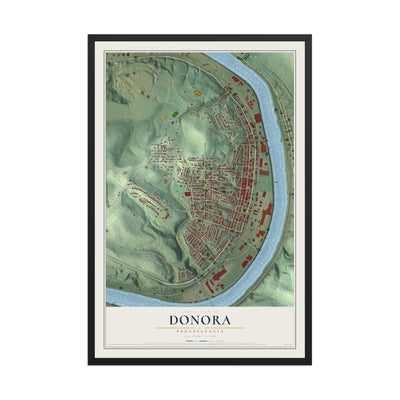 Map of Donora, Pennsylvania, 12 x 18 inch print in a black wood frame