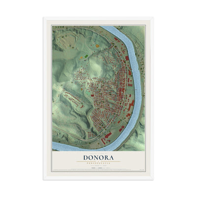 Map of Donora, Pennsylvania, 12 x 18 inch print in a white wood frame