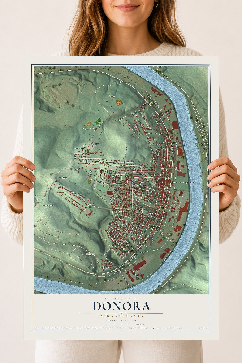 Map of Donora, Pennsylvania, 18 x 24 inch unframed archival matte print