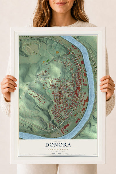 Map of Donora, Pennsylvania, 18 x 24 inch print in a white wood frame