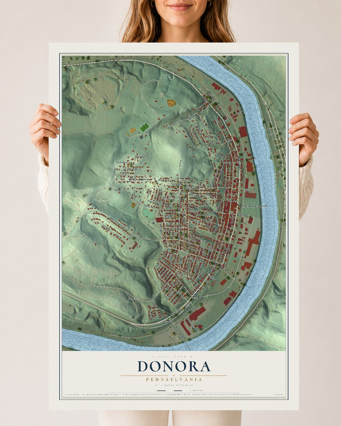 Map of Donora, Pennsylvania, 24 x 36 inch unframed archival matte print