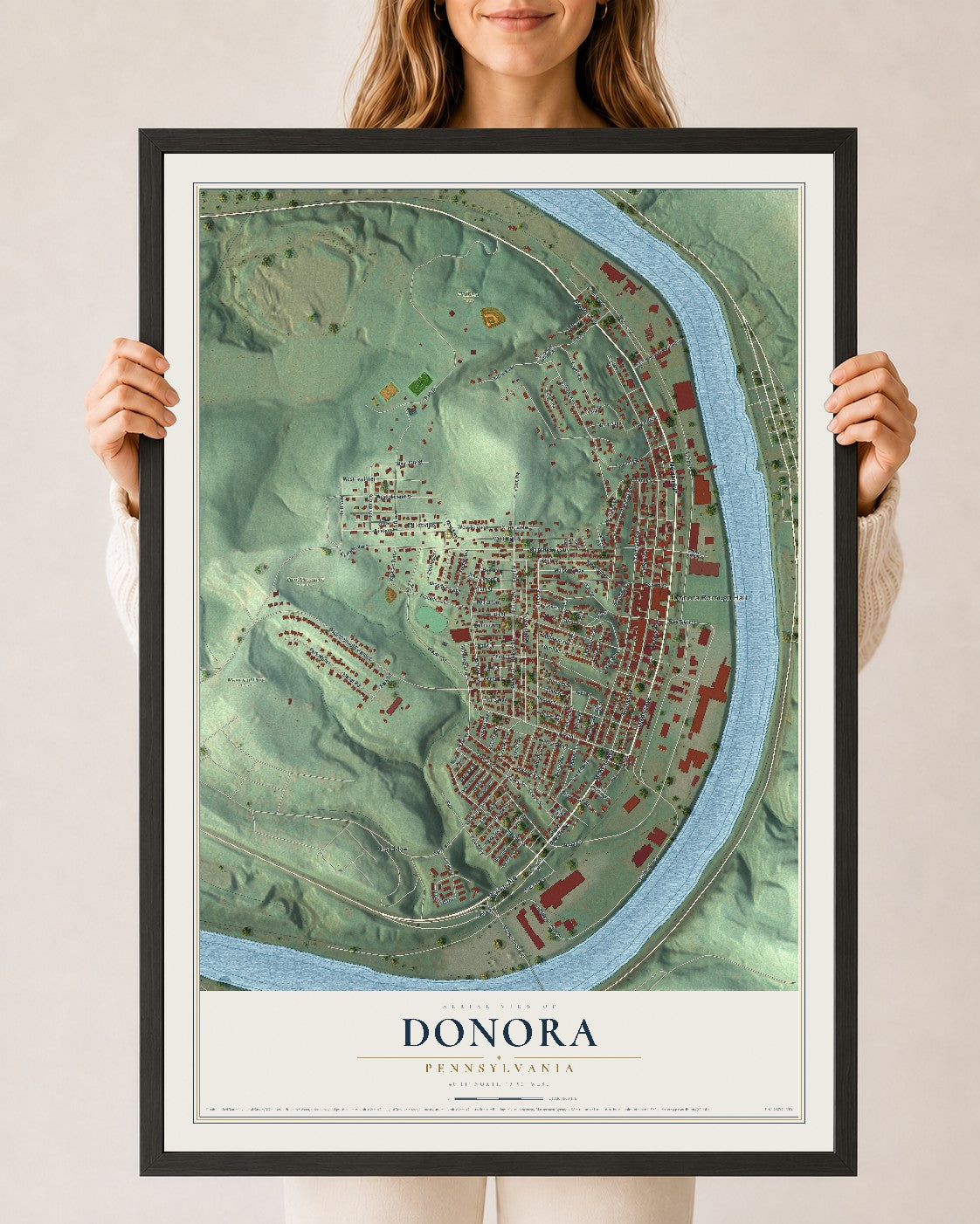 Map of Donora, Pennsylvania, 24 x 36 inch print in a black wood frame