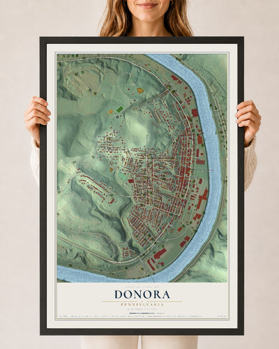 Map of Donora, Pennsylvania, 24 x 36 inch print in a black wood frame