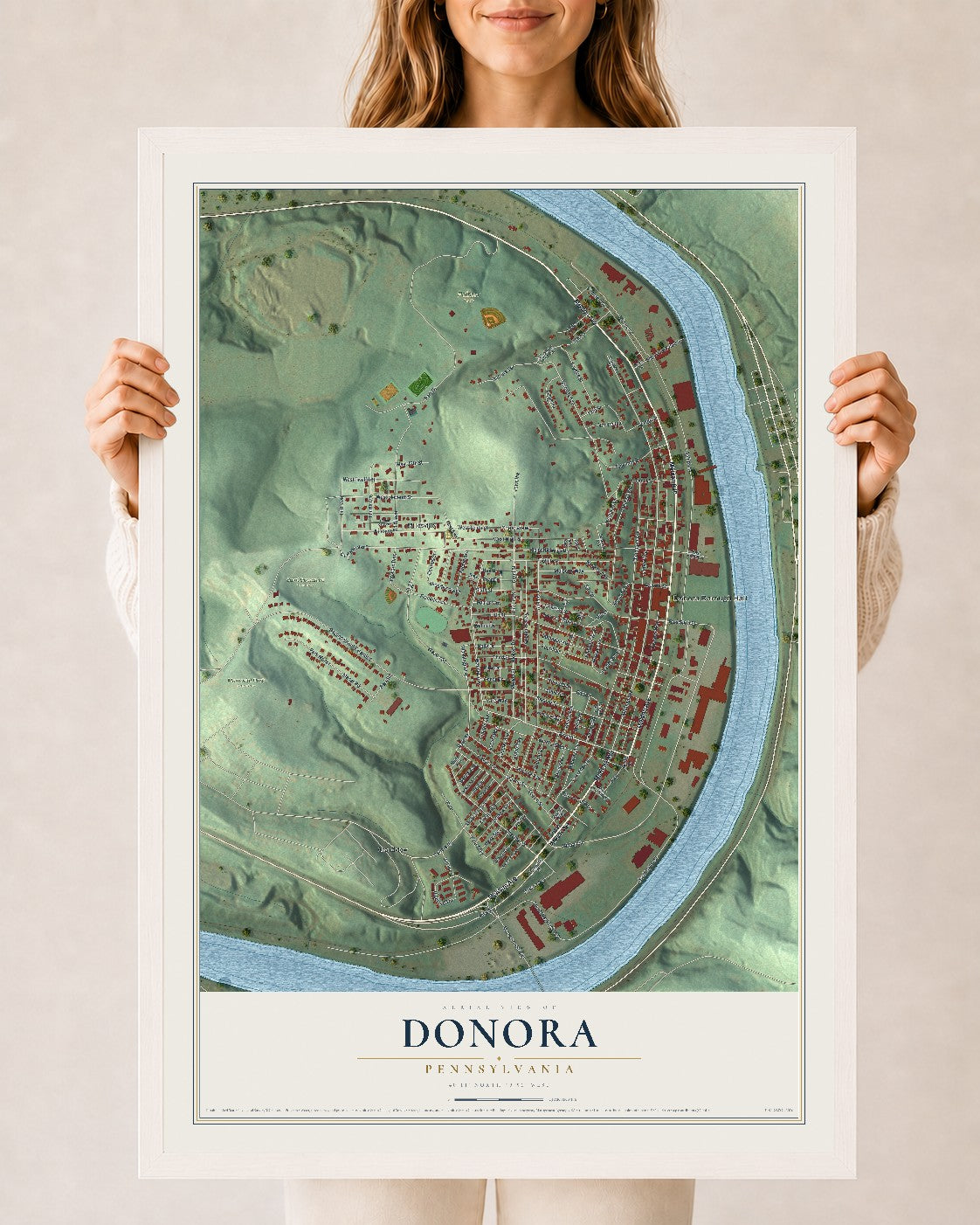 Map of Donora, Pennsylvania, 24 x 36 inch print in a white wood frame