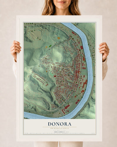 Map of Donora, Pennsylvania, 24 x 36 inch print in a white wood frame
